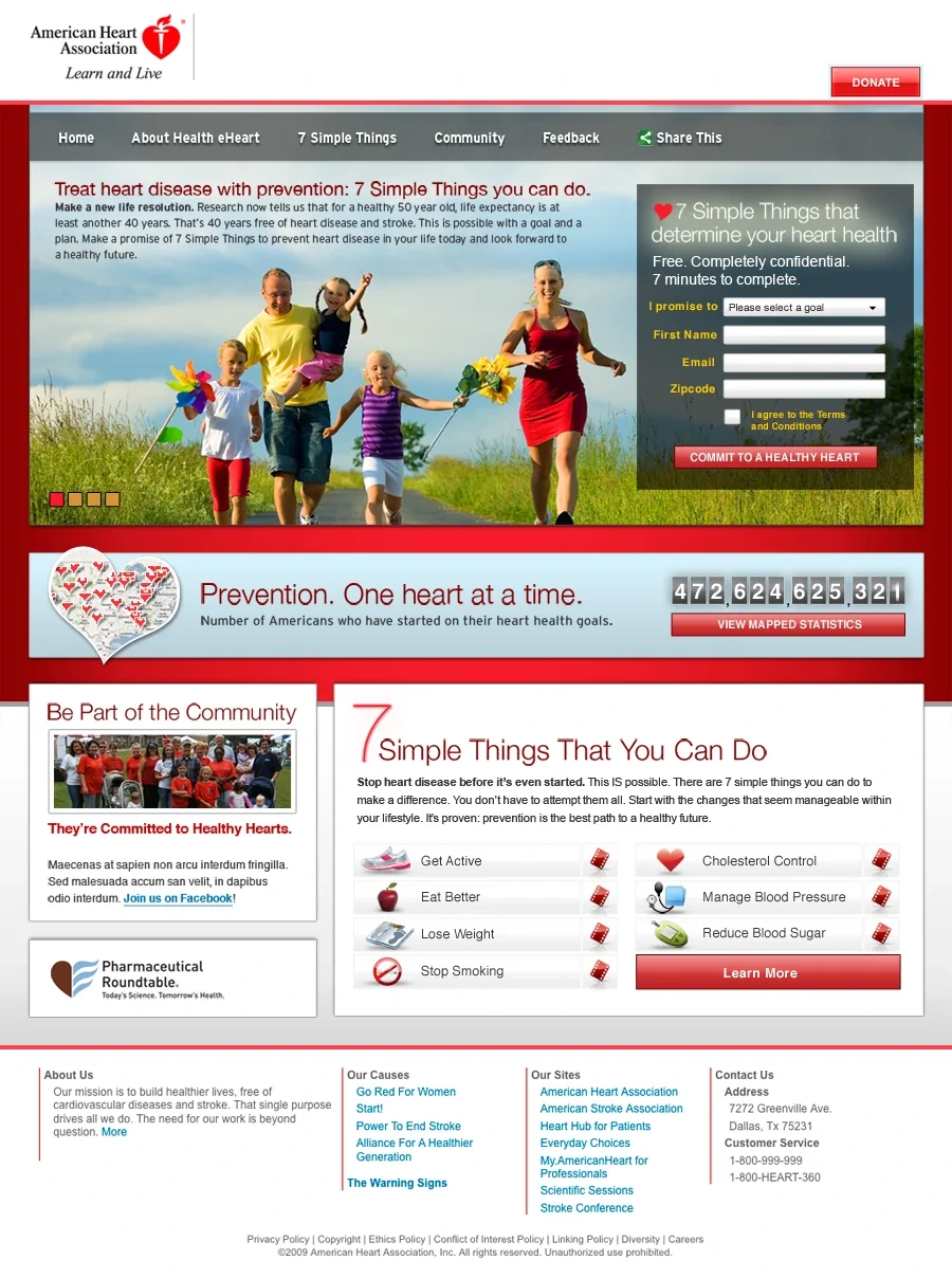 American Heart Association Start page: 7 Simple Things you can do, a prevention counter and community sign-up