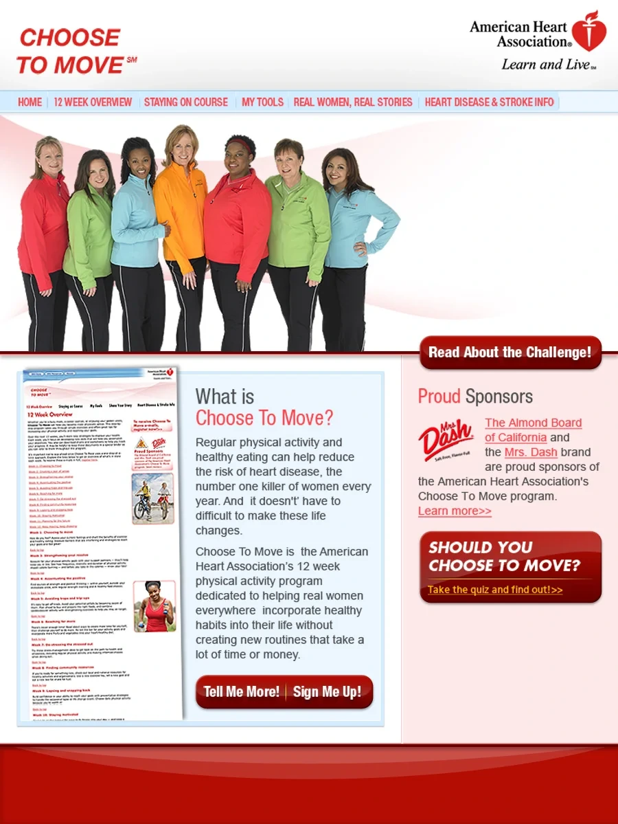 Choose to Move program page: a 12-week physical activity program with sponsors and a sign-up call to action
