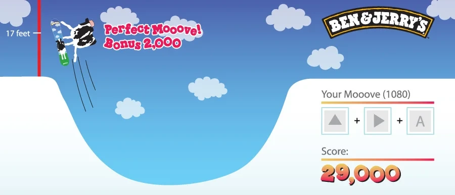 "Perfect Mooove" game: a cow snowboarding through a halfpipe, with score