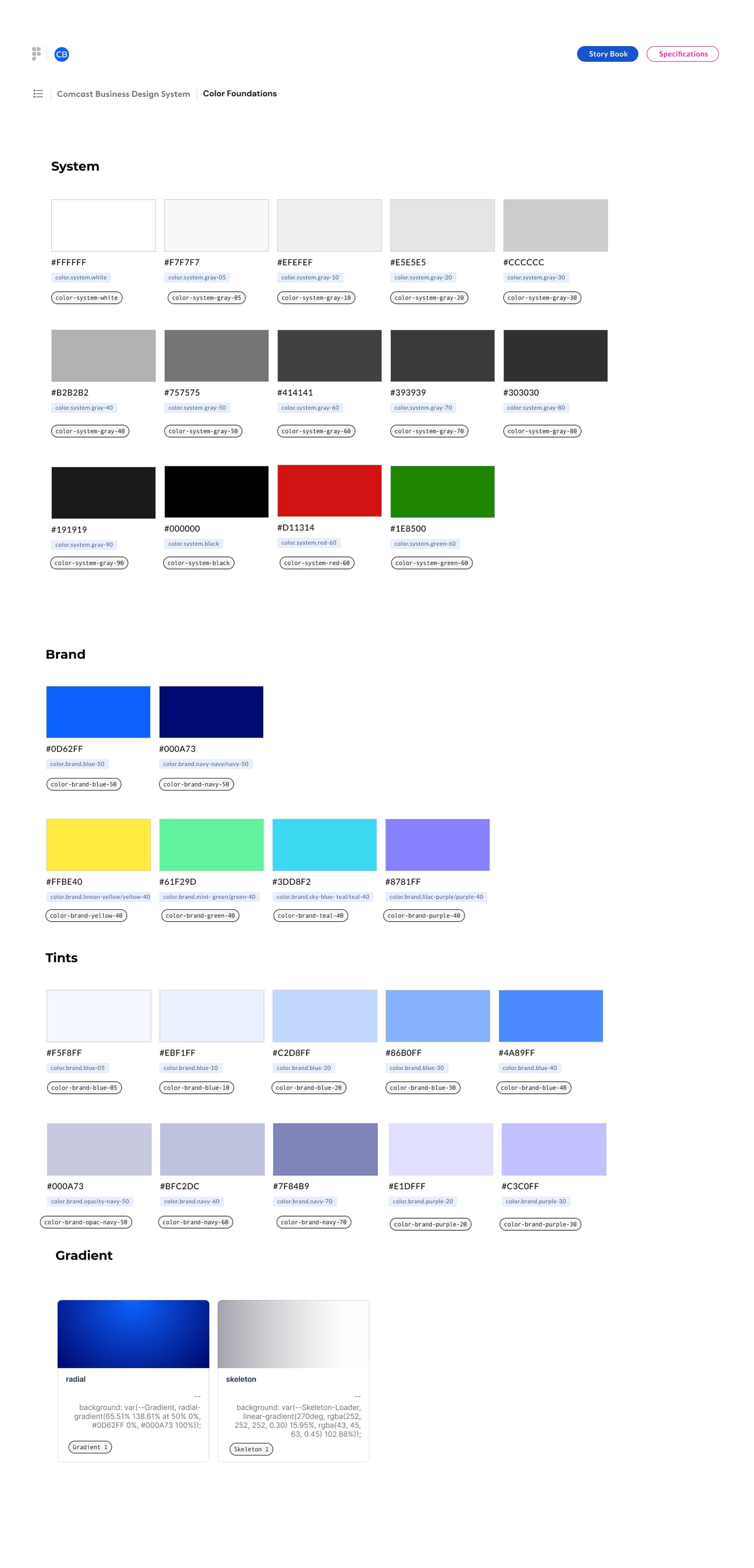 Color foundations: system grays, brand blue and navy, accent colors, tints and gradients, each with hex value and design token name