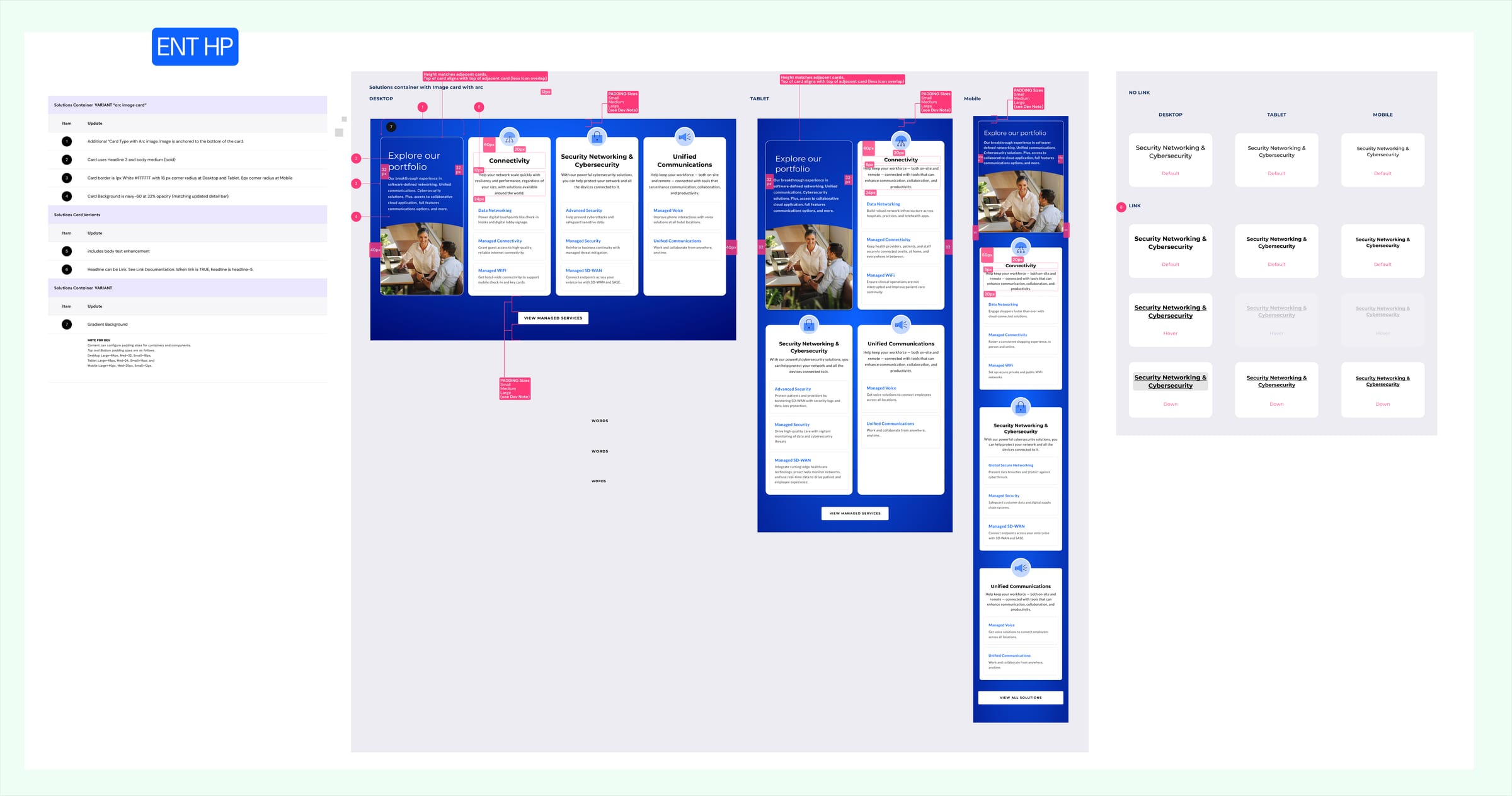 Solutions container and card variants for the Enterprise homepage at desktop, tablet and mobile, with link states