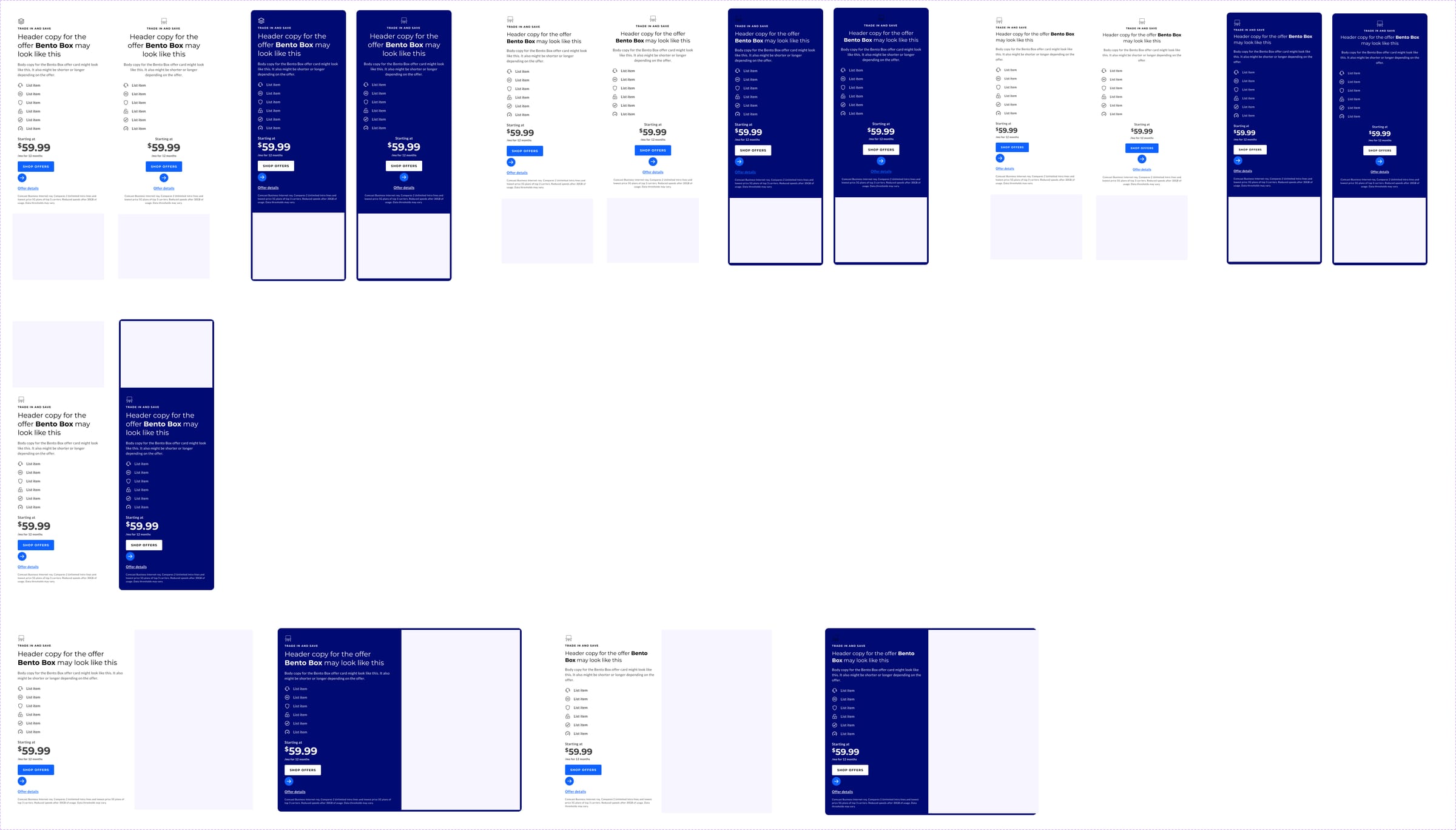 Bento offer card base variants: light and navy versions in tall, stacked and wide layouts with icon list, price and Shop Offers button