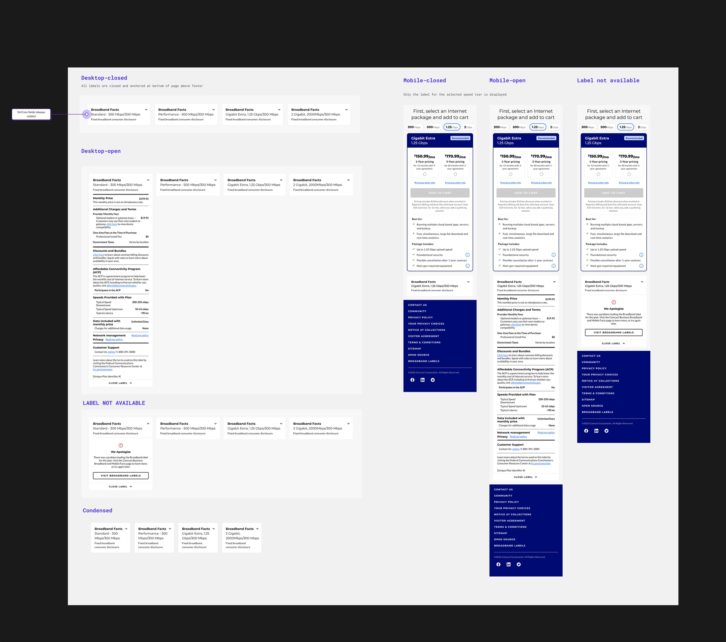 Broadband Facts label specs: desktop closed, open and label-not-available states, condensed layout, and mobile closed and open views