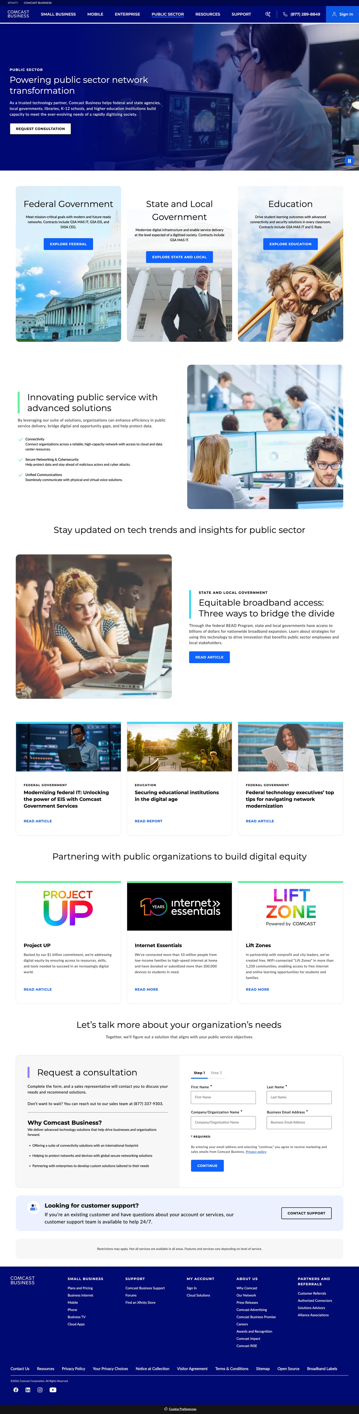 Public Sector homepage: network transformation hero, Federal, State and Local, and Education entry cards, insights articles, digital equity partners and a consultation form