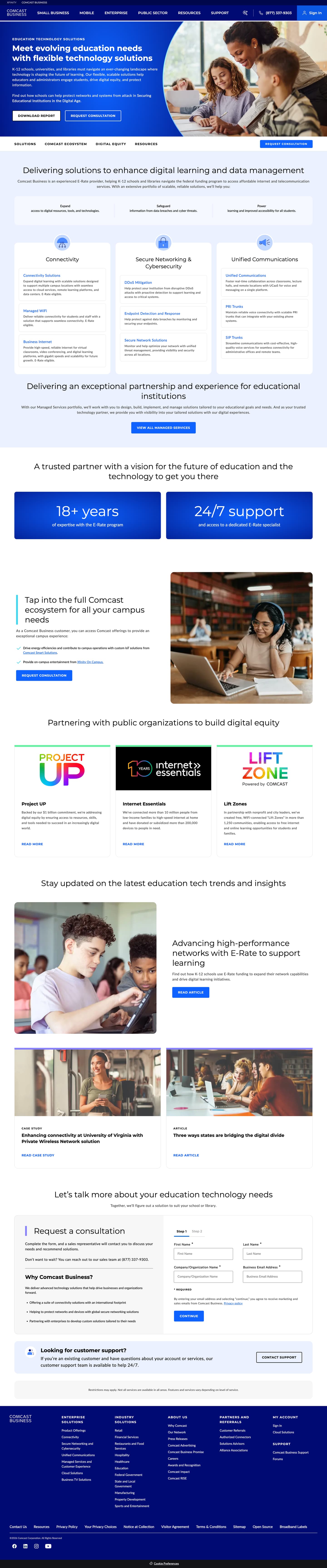 Education page: E-Rate solutions for connectivity, security and unified communications, 18+ years of E-Rate expertise, digital equity partners and education insights