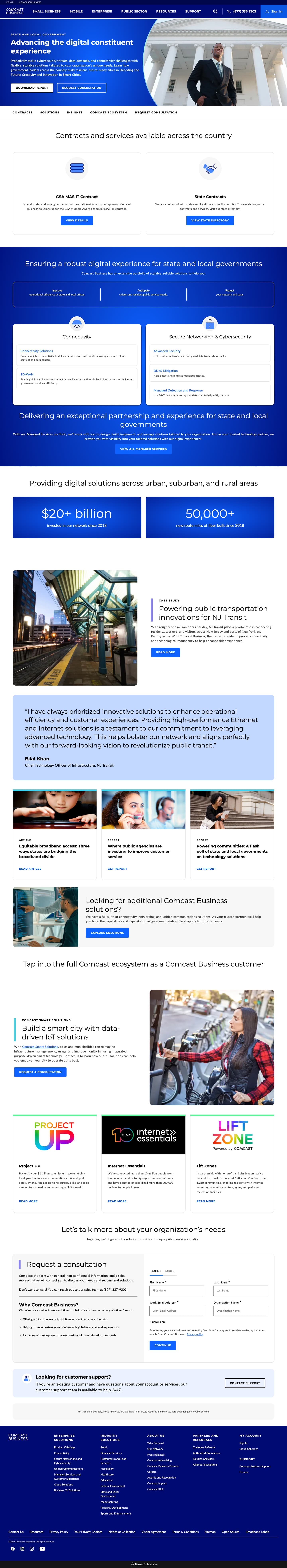 State and Local Government page: contract cards, digital experience solutions, $20+ billion network investment stats, NJ Transit case study and smart city section