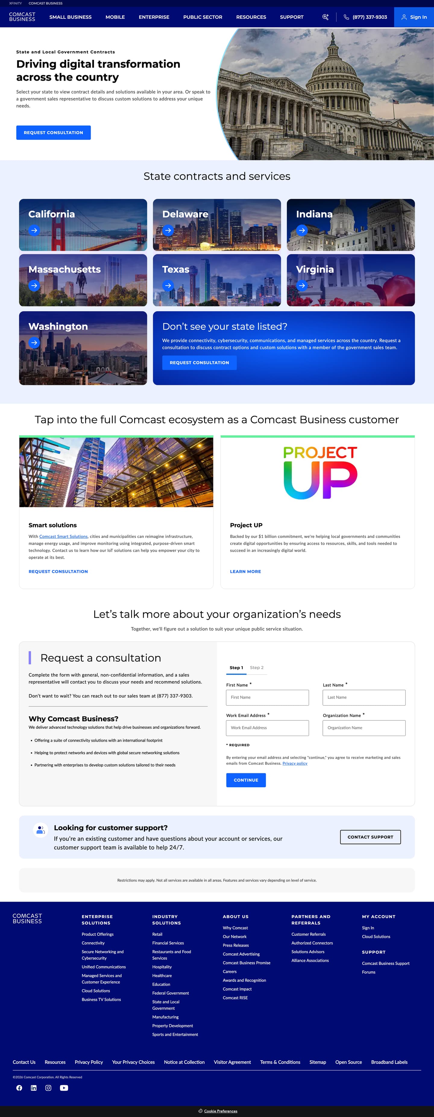 State and Local Government Contracts page: state tiles for California, Delaware, Indiana, Massachusetts, Texas, Virginia and Washington, plus a request-a-consultation card