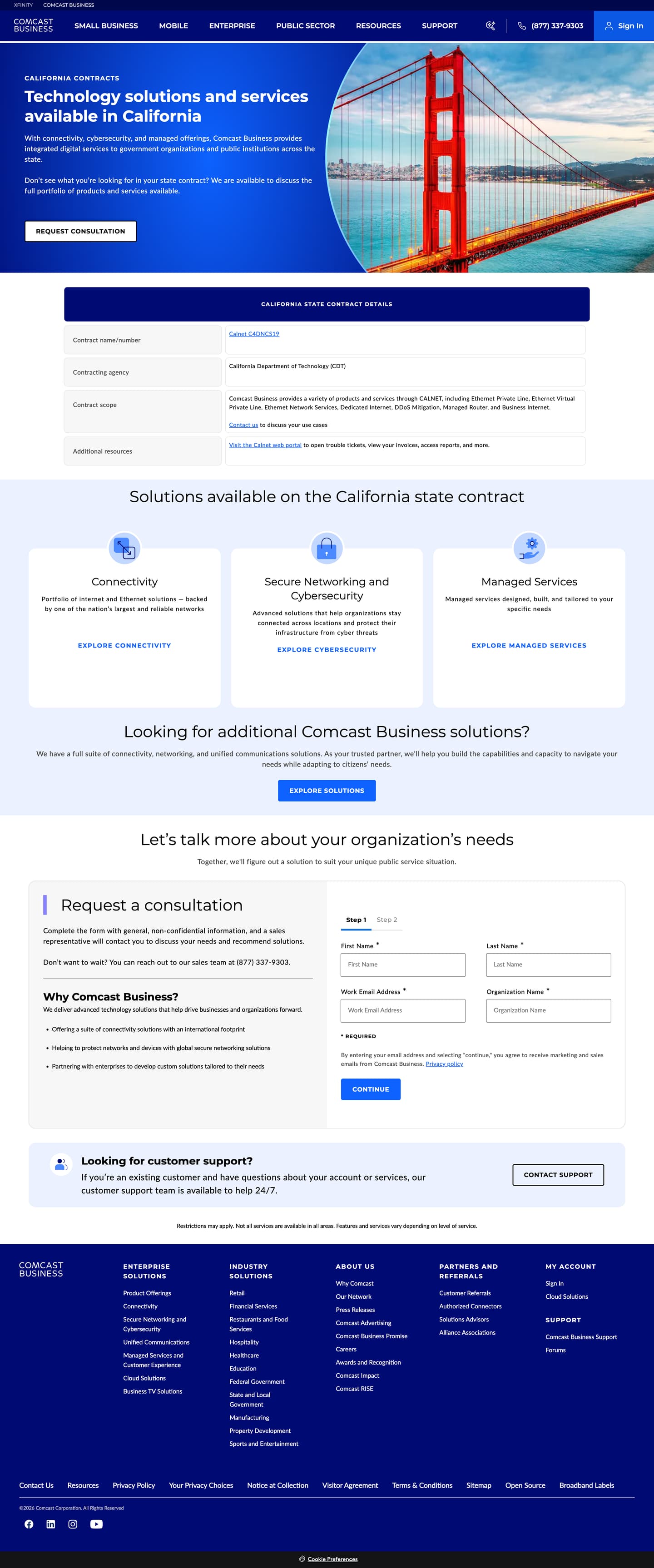 California Contracts page: Golden Gate Bridge hero, CALNET contract details table and the solutions available on the state contract