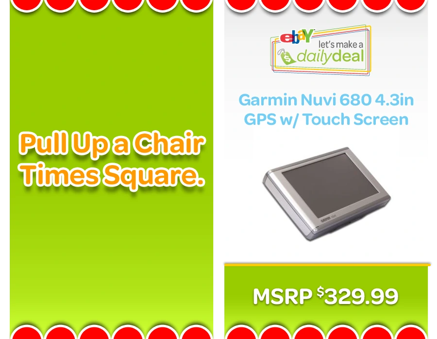 Times Square billboard frames: "Pull Up a Chair, Times Square" and a Garmin Nuvi GPS at MSRP $329.99