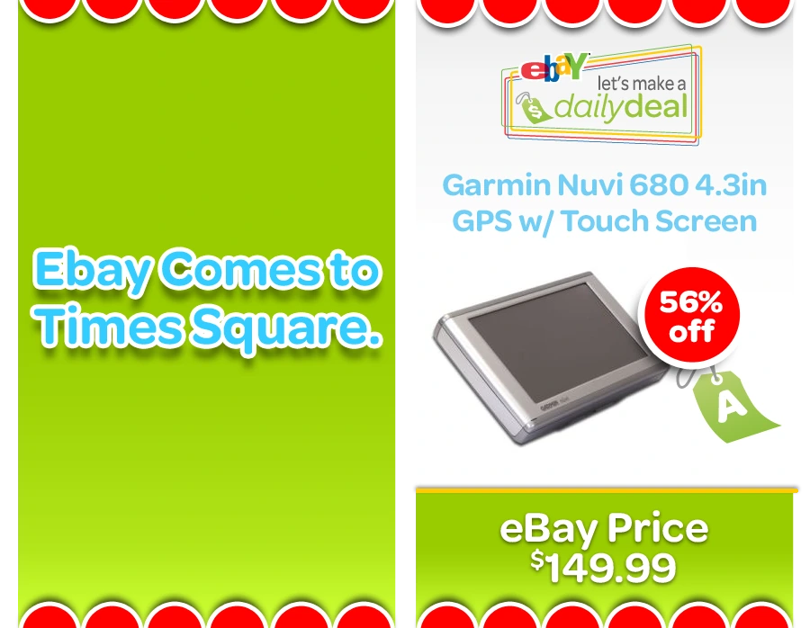 Times Square billboard frames: "eBay Comes to Times Square" and the eBay price of $149.99, 56% off