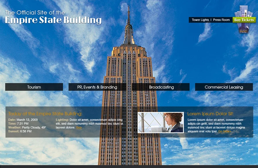 Homepage concept: the tower against a blue sky, with Tourism, PR Events & Branding, Broadcasting and Commercial Leasing entry points