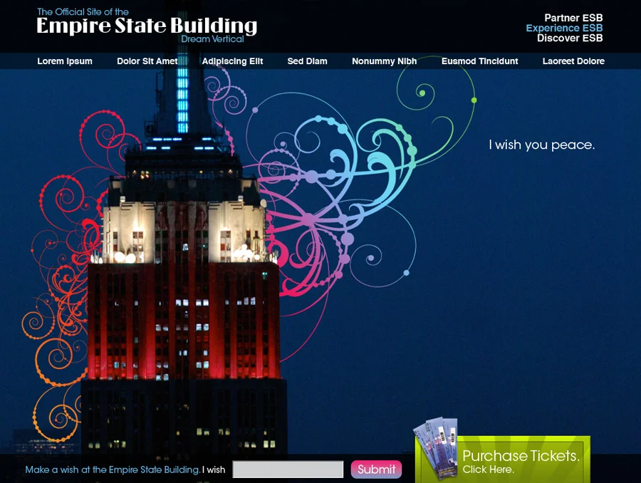 Dark-blue concept: the lit tower at night with neon swirl graphics and "I wish you peace"