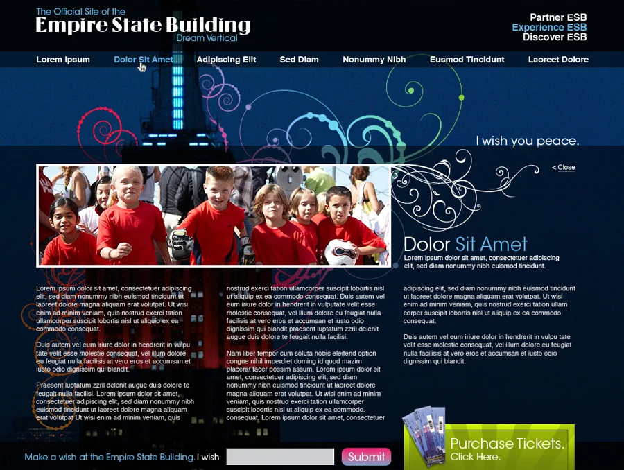 Dark-blue concept: content page with a photo story and article layout