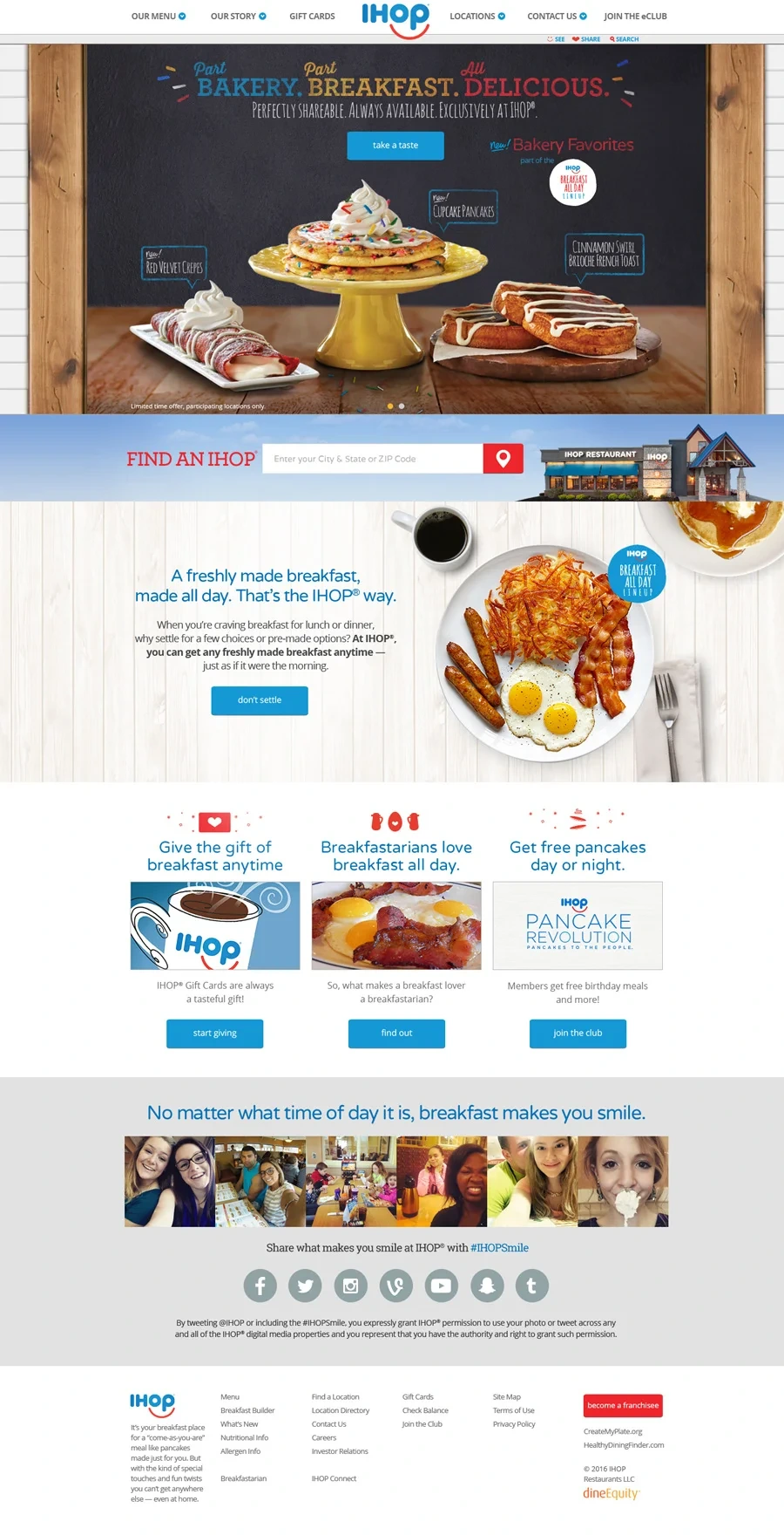 IHOP homepage: "Bakery. Breakfast. Delicious." chalkboard hero, Find an IHOP, offers and #IHOPSmile photos
