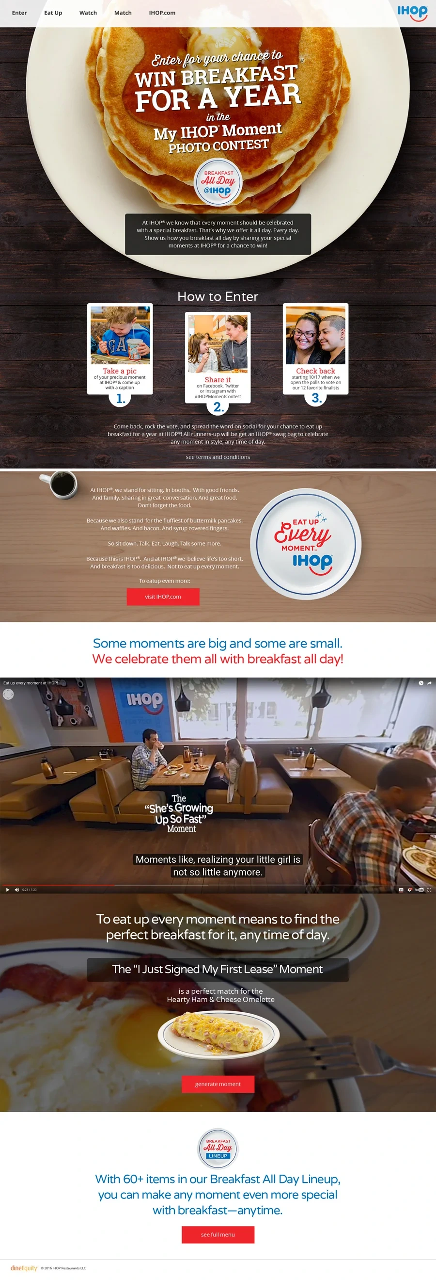 Contest landing page, phase 1: Win Breakfast for a Year with the My IHOP Moment Photo Contest, how-to-enter steps and example moments