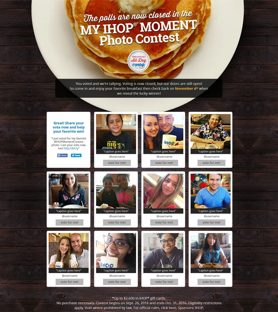 Contest page, phase 2: "The polls are now closed" with a grid of entrant photos
