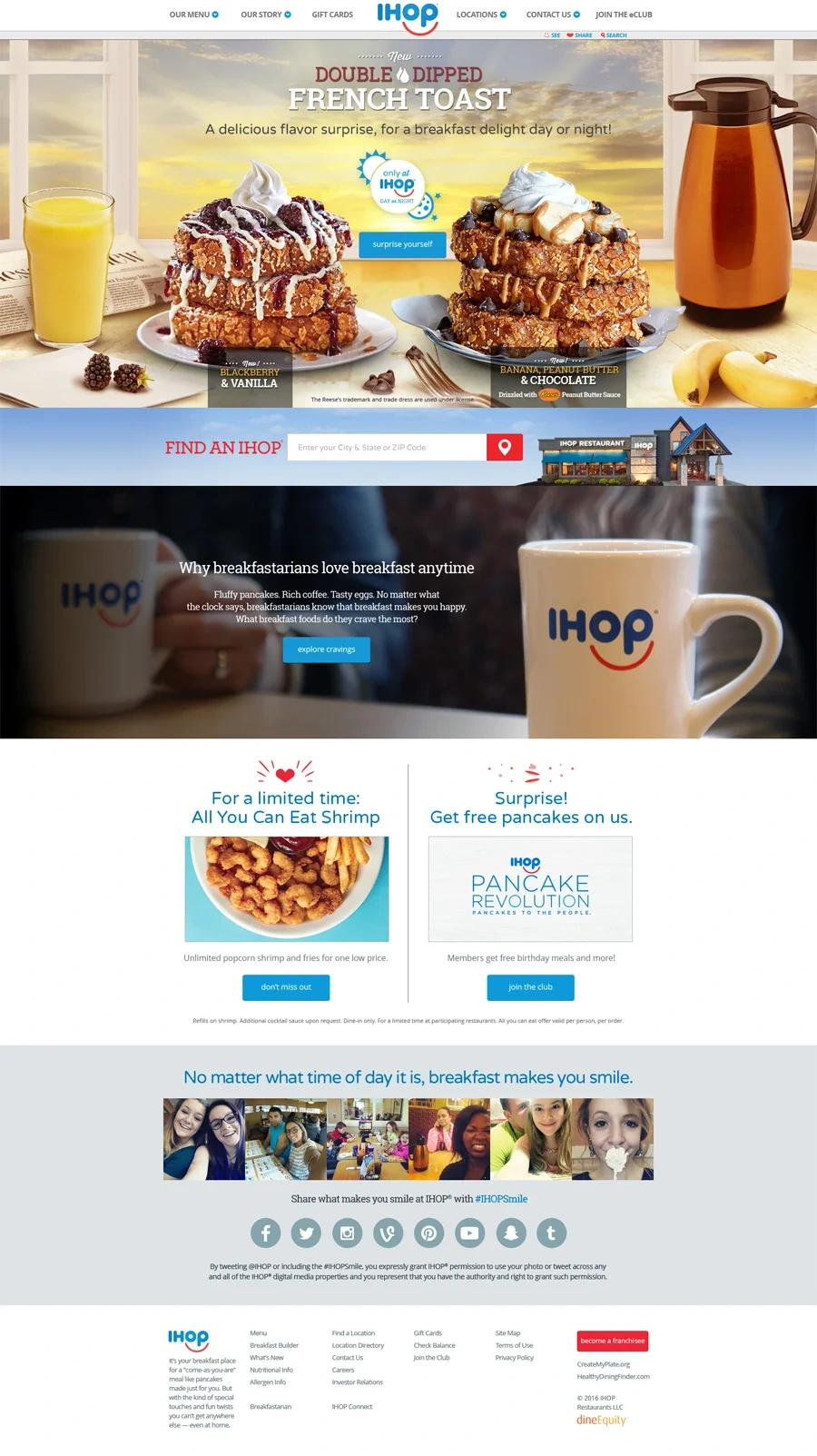 IHOP homepage: Double Dipped French Toast hero, Find an IHOP, Breakfastarians, offers and #IHOPSmile photos