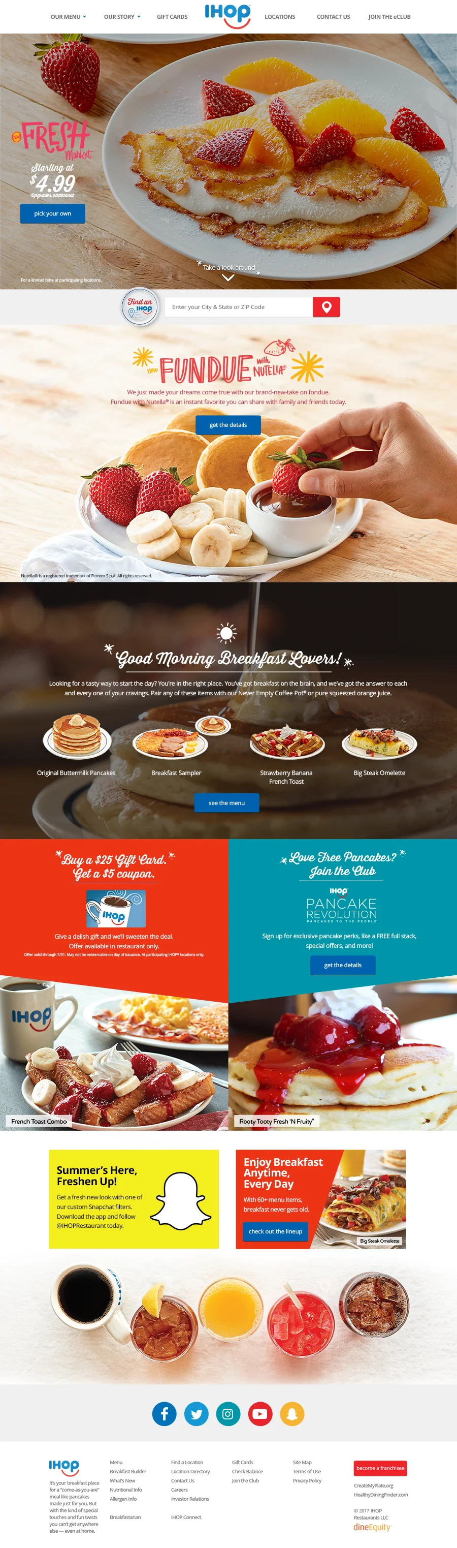 Full IHOP homepage featuring the Fresh Market launch at $4.99, Fundue and the Fresh Market menu
