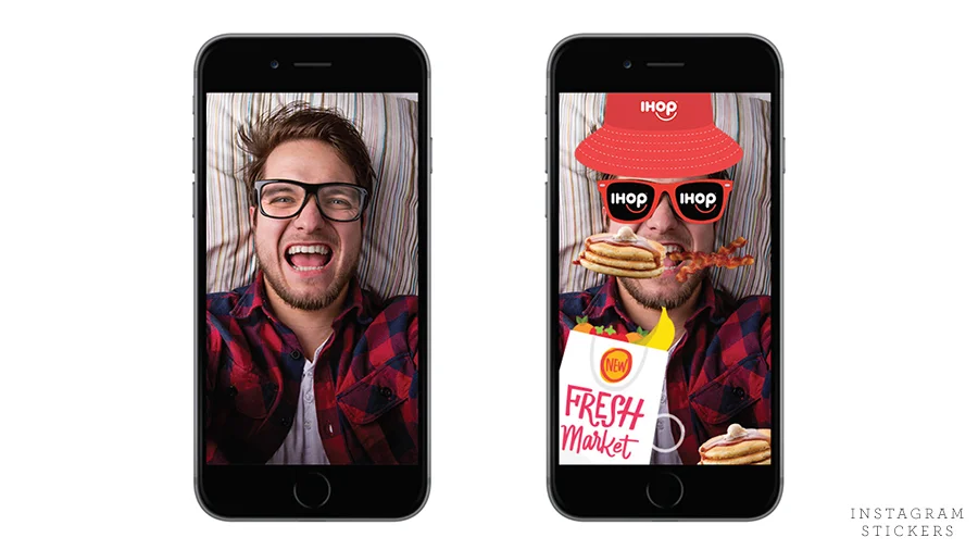 Instagram stickers on two phones: a selfie before and after adding an IHOP bucket hat, sunglasses and Fresh Market dishes