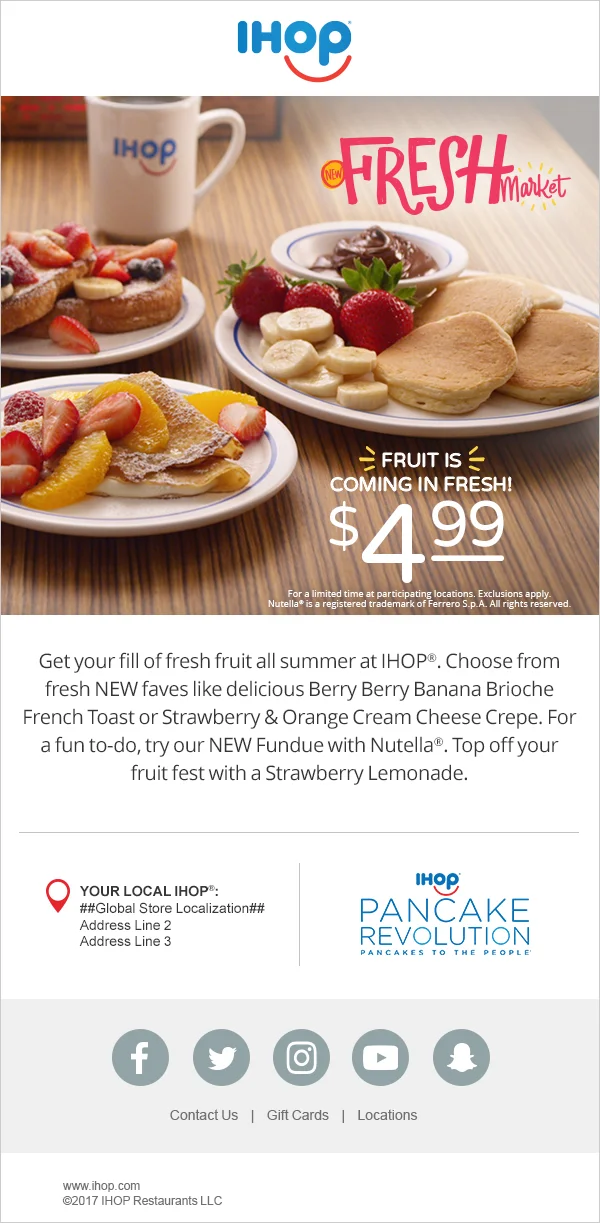 Promotional email: "Fruit is coming in fresh!" Fresh Market dishes at $4.99