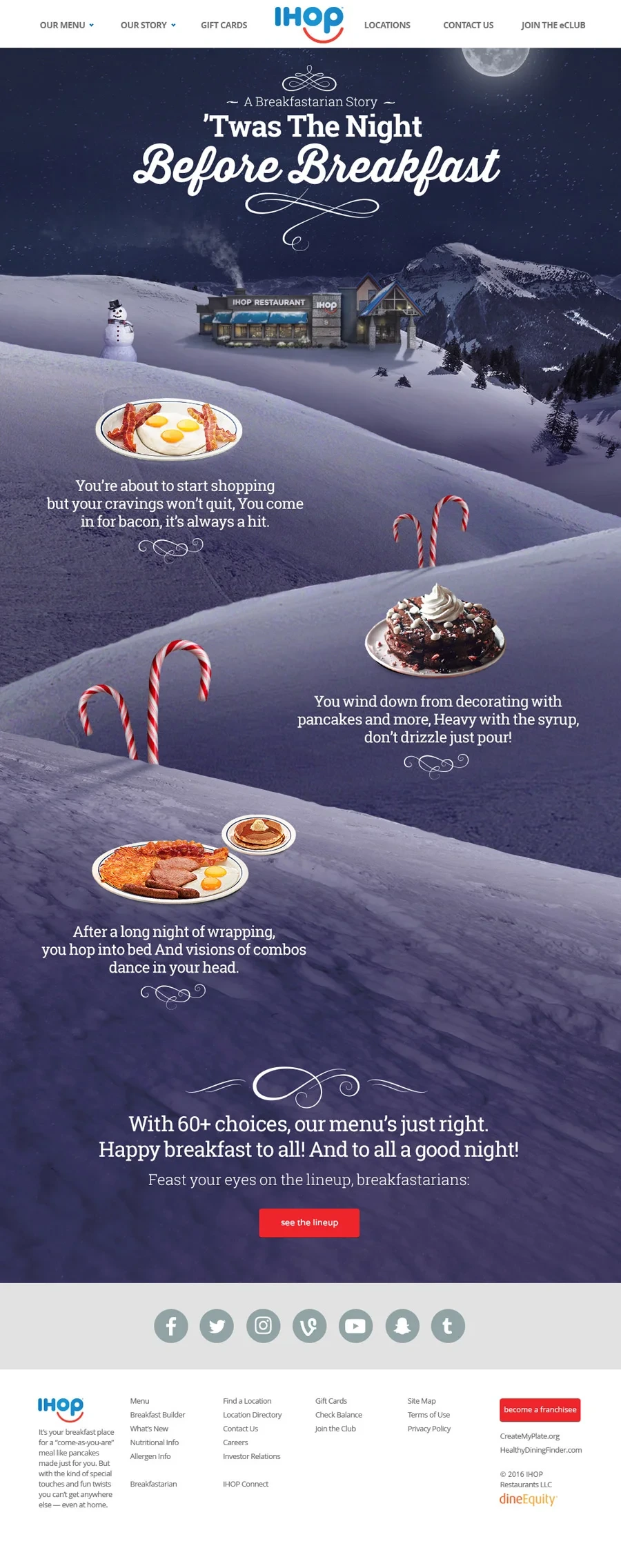 Illustrated Breakfastarian story page: 'Twas the Night Before Breakfast, with holiday dishes on a snowy night scene