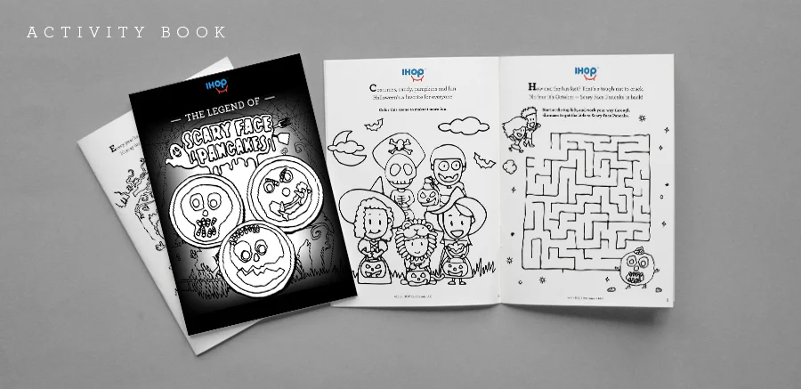 "The Legend of Scary Face Pancakes" activity book: cover and coloring and maze pages