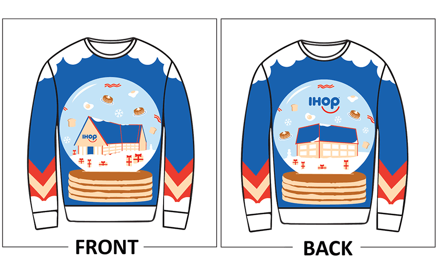 IHOP holiday ugly sweater, front and back: a snow globe with an IHOP restaurant, falling pancakes and a pancake stack
