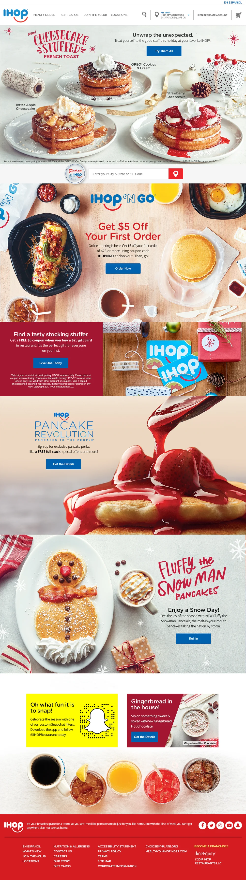 Full IHOP homepage takeover featuring Cheesecake Stuffed French Toast, IHOP 'N Go and holiday menu modules
