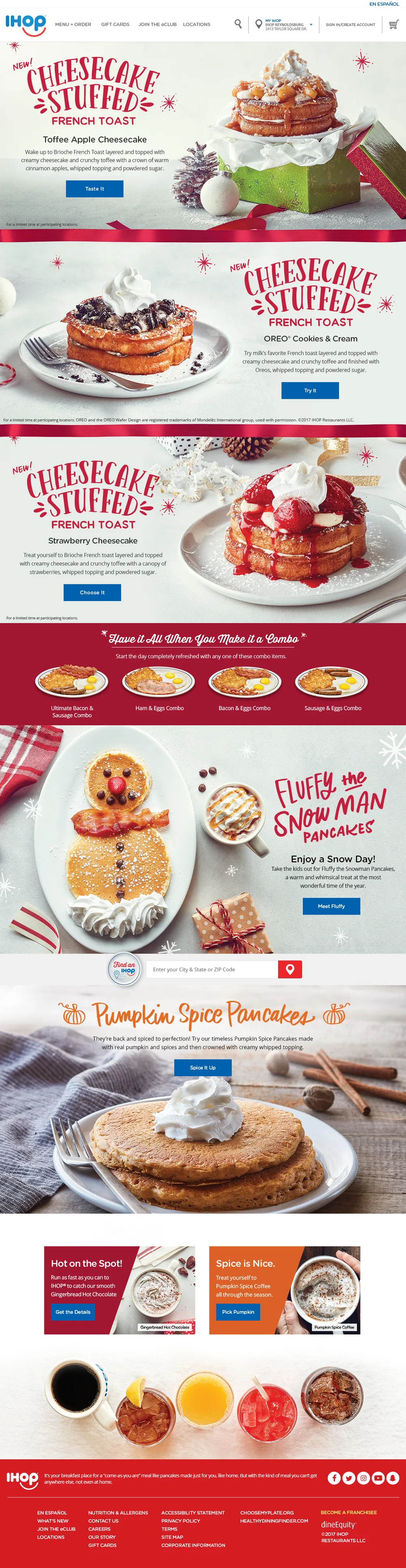 Full Cheesecake Stuffed French Toast landing page with the three flavors and holiday offers