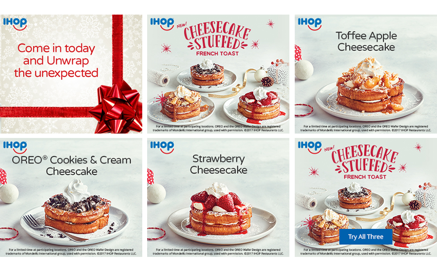 Six slides from a Cheesecake Stuffed French Toast display ad: "Come in today and unwrap the unexpected", then each flavor