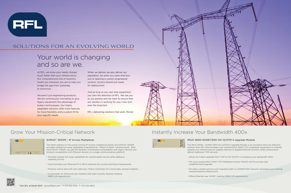RFL print ad spread: "Your world is changing" over transmission towers at sunset