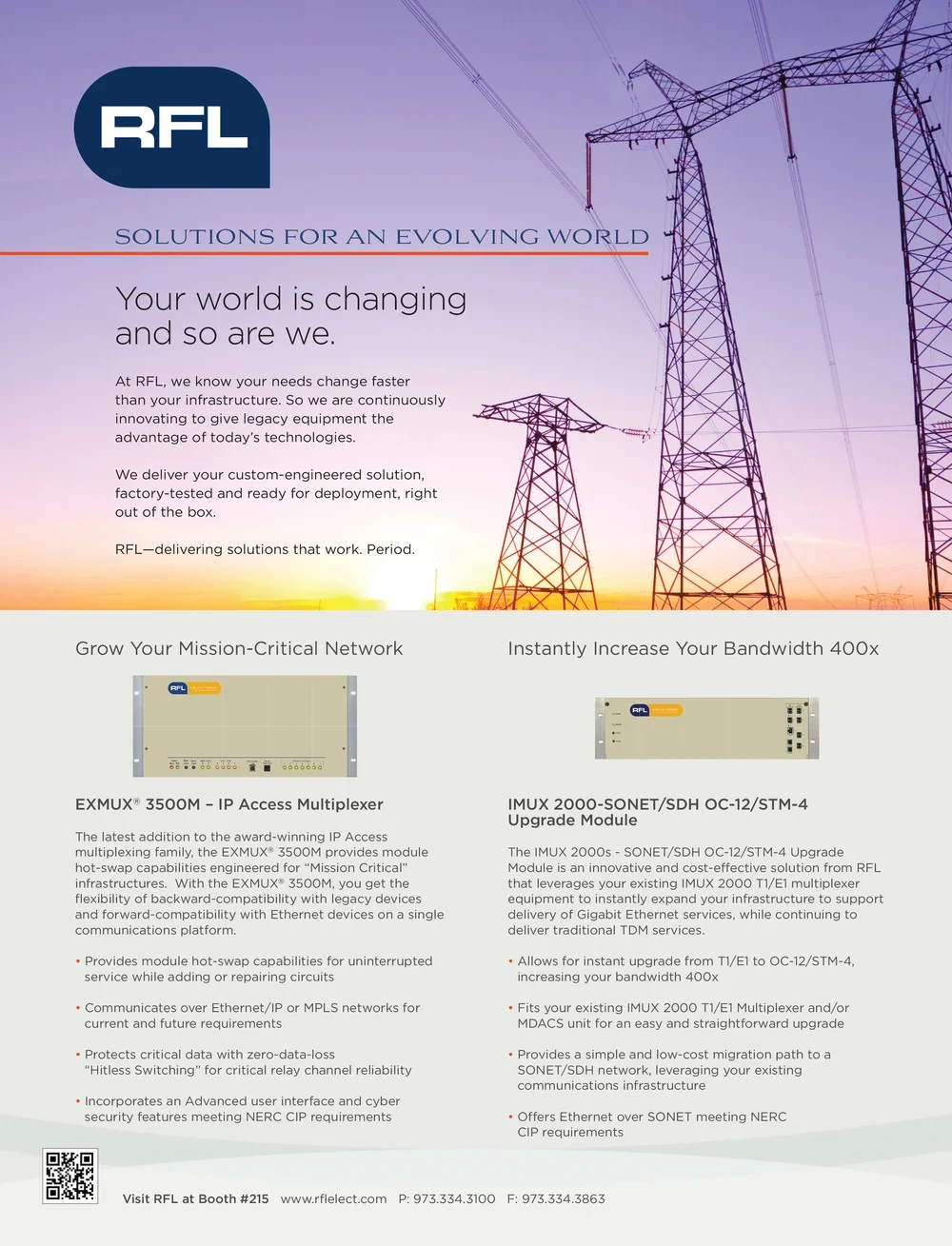 RFL product sheet: "Your world is changing and so are we" with mission-critical network products