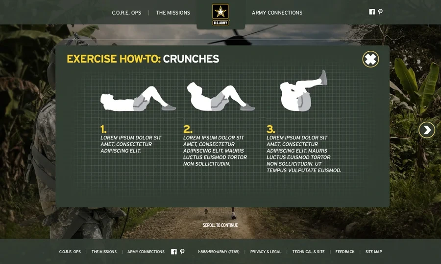 Exercise how-to screen: crunches, shown step by step
