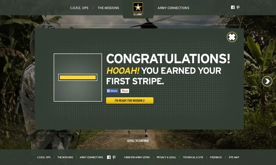 Reward screen: Congratulations! Hooah! You earned your first stripe